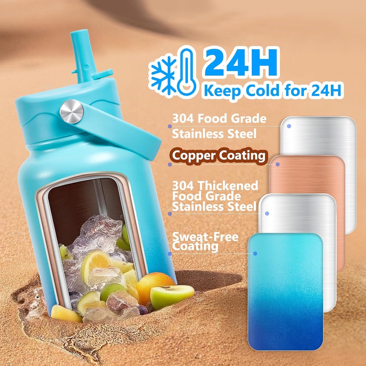 Insulated Water Bottle with Lid & Boot & Stickers, 24 oz Stainless Steel Sweat Free Bottle Keep Cold 24H, BPA-Free Sports Wide Mouth Water Bottle, BlueBlack