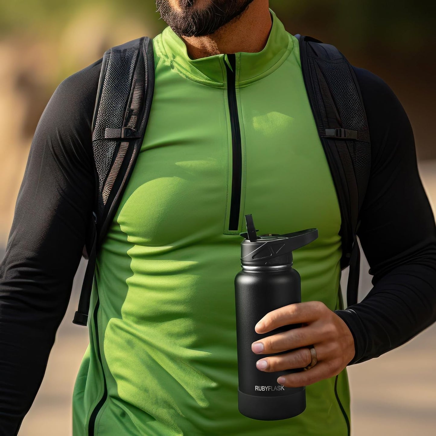 RUBYFLASK 32oz Insulated Water Bottle with Straw, Stainless Steel Metal Vacuum Water Flask, Large Thermal Water bottle with Leakproof 3 Lids for Travel, Camping, Gym Sports Indigo Black