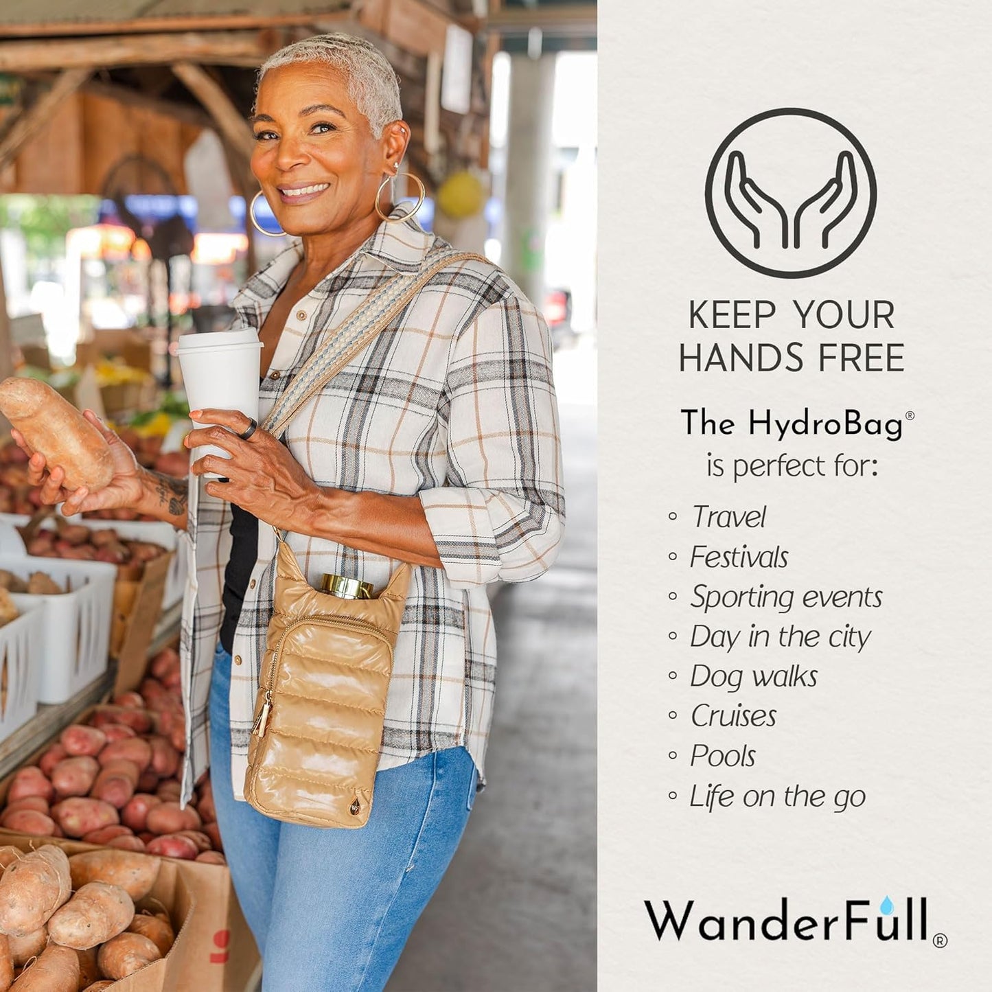 WanderFull Original HydroBag Fits Up to 32 oz Water Bottle Holder with Strap – Hands-Free Crossbody Water Bottle Carrier Bag with Phone Pocket - Colors A