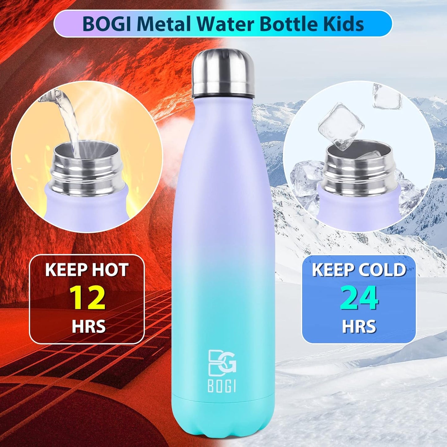 BOGI 17oz Insulated Water Bottle Double Wall Vacuum Stainless Steel Water Bottles, Leak Proof Metal Sports Water Bottle Keeps Drink Hot and Cold - Perfect for Outdoor Sports Camping Biking (Purple)