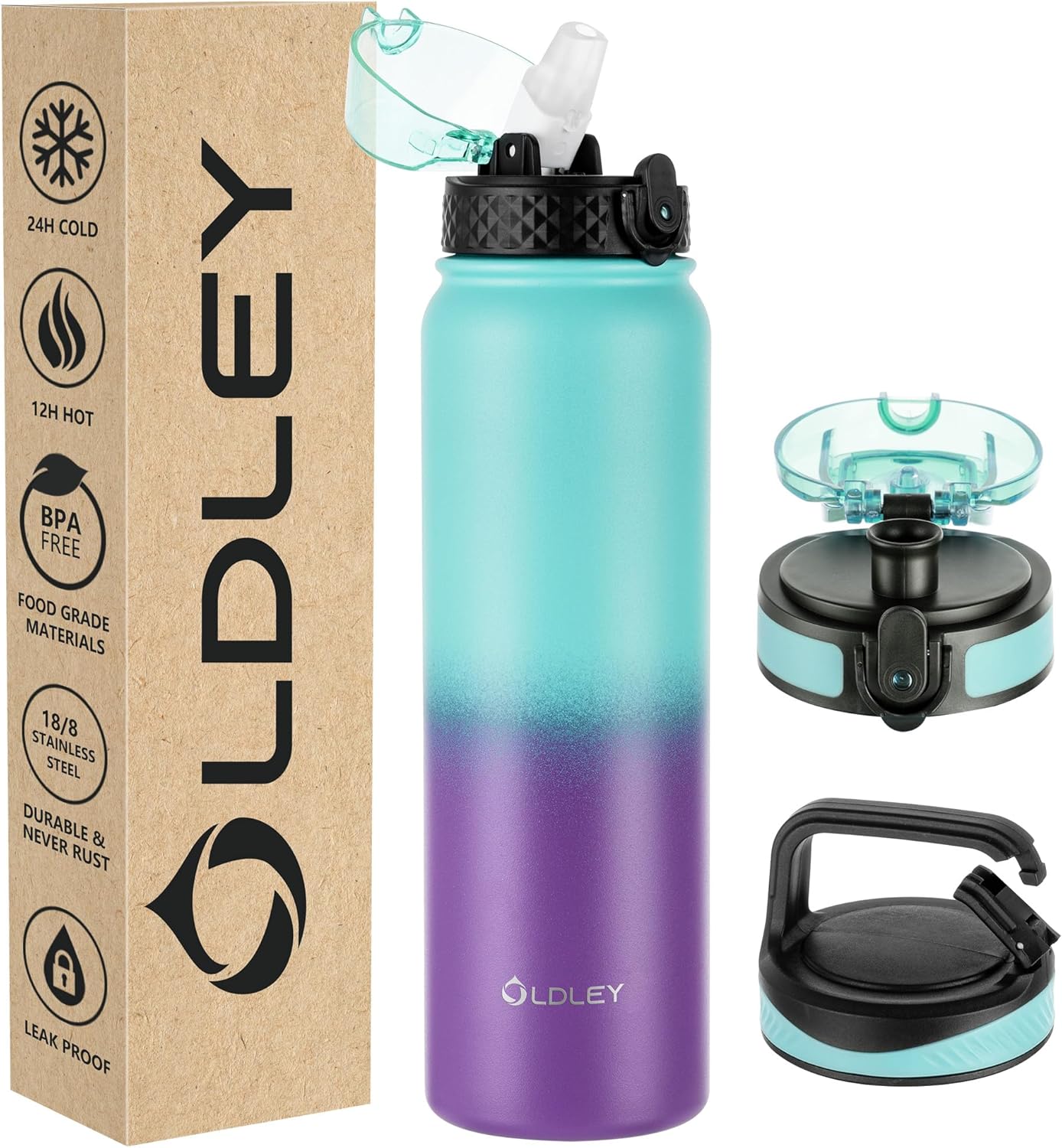 Oldley Insulated Water Bottle 20oz for Adults Kids Stainless Steel Water Bottles with Straw/Chug/Carabiner 3 Lids Fruit Strainer Double Wall Vacuum Wide Mouth BPA Free Leak-Proof for School Travel