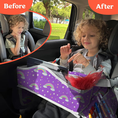 PILLANI Kids Travel Tray for Car - Car Seat Tray with Activity Sheets & Pens, Road Trip Essentials for Car & Airplane, Must Have Toddler Travel Lap Desk Accessories - Road Trip Activities for Kids