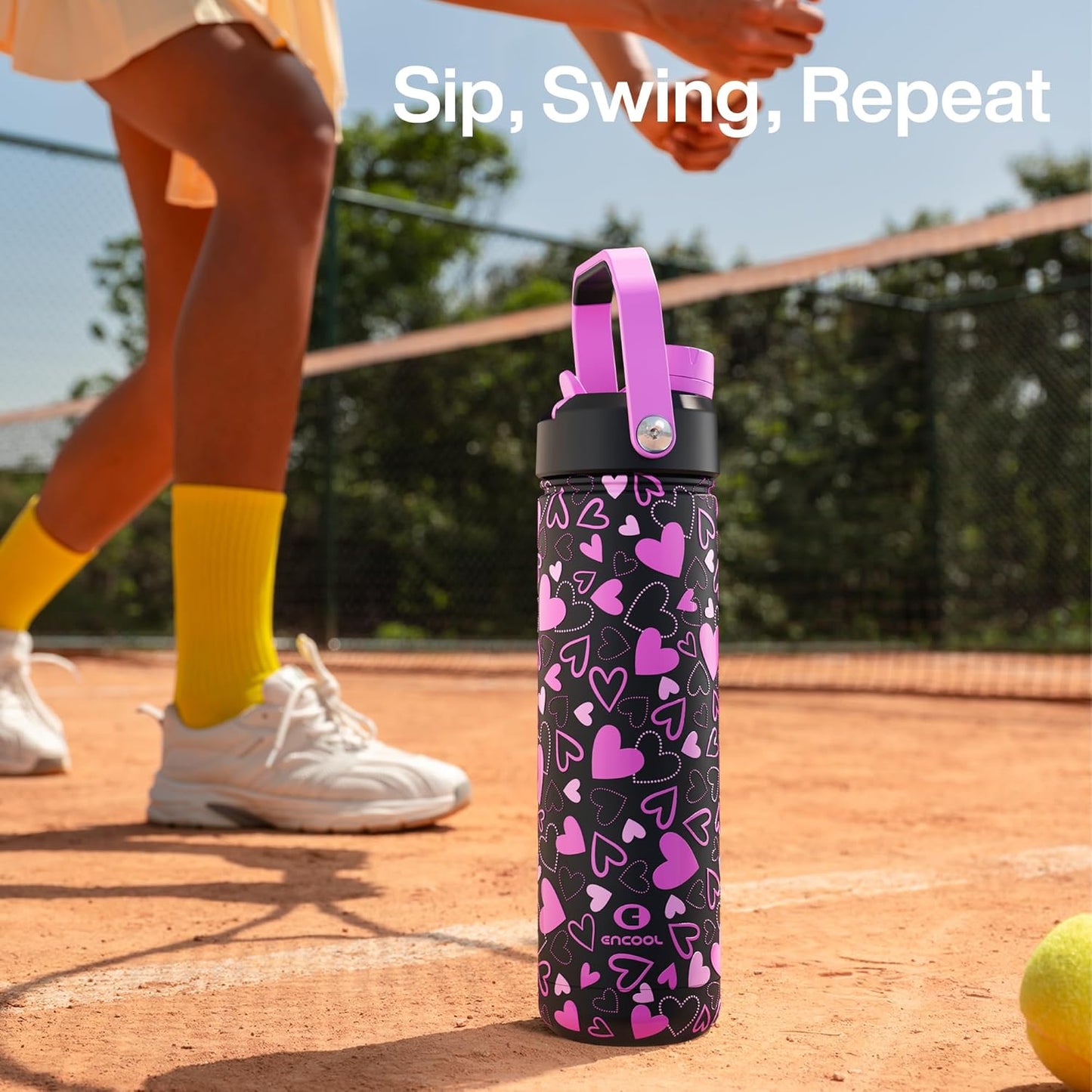 ENCOOL Insulated Water Bottle with Straw Stainless Steel Water Bottle, Leak-Proof, BPA-Free, Double Wall Vacuum Keeps Cold for 24 Hours for Sports, Travel, School (26 oz, Cotton Candy) - Colors D