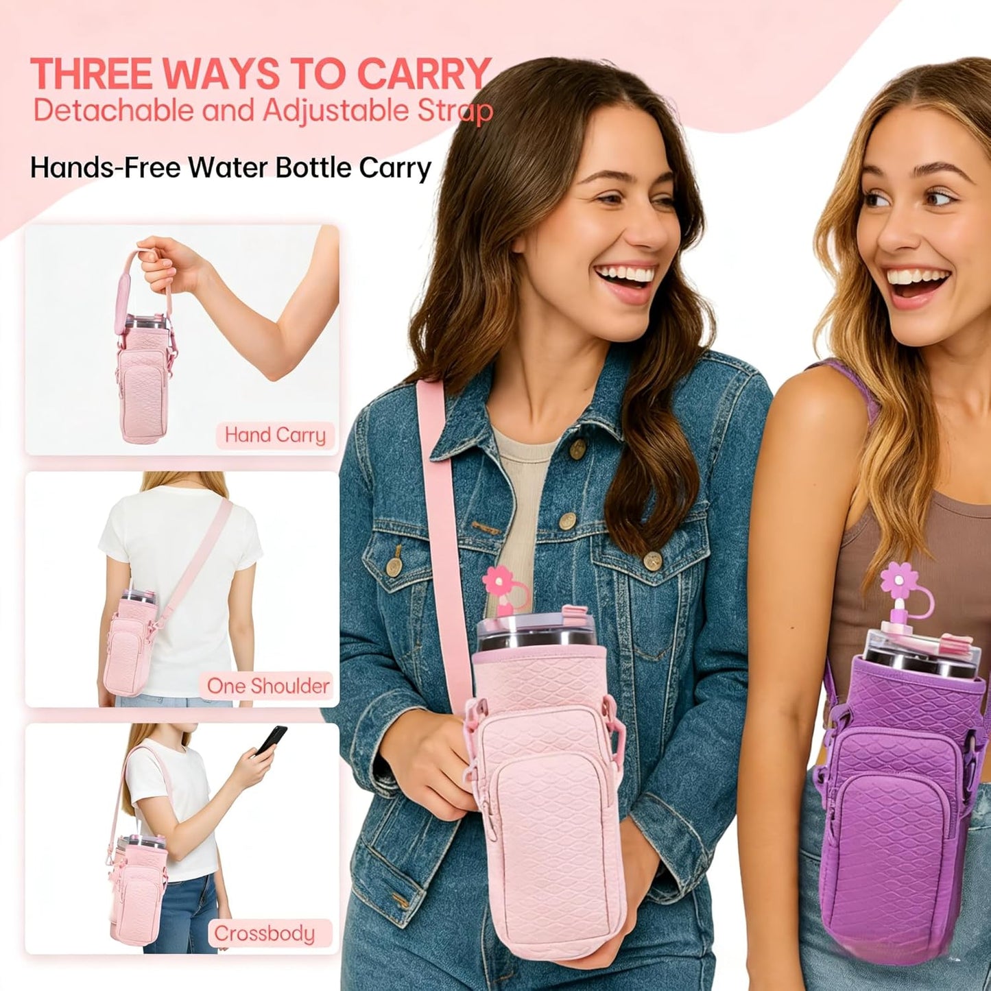 &And Per Se Water Bottle Shoulder Bag with Phone Pocket, Compatible with Stanley 30oz Tumblers - Neoprene Carrier with Adjustable Strap & Charm Accessory (Black)