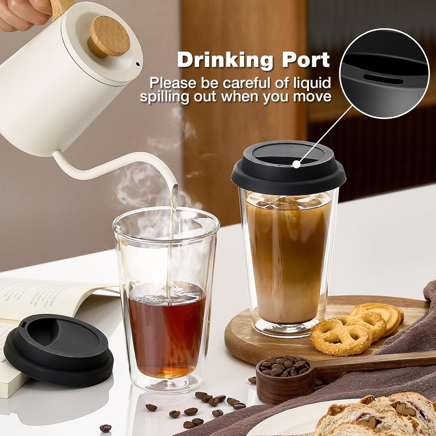 Qipecedm 2 Pack Double Walled Insulated Coffee Mugs with Silicone Lids, 12 OZ Reusable Coffee Cups, Cappuccino, Tea, Latte, Iced Coffee Cups, Travel Mugs, Heat Resistant