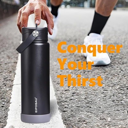 Insulated Water Bottle with Lid & Boot & Stickers, 24 oz Stainless Steel Sweat Free Bottle Keep Cold 24H, BPA-Free Sports Wide Mouth Water Bottle, BlueBlack
