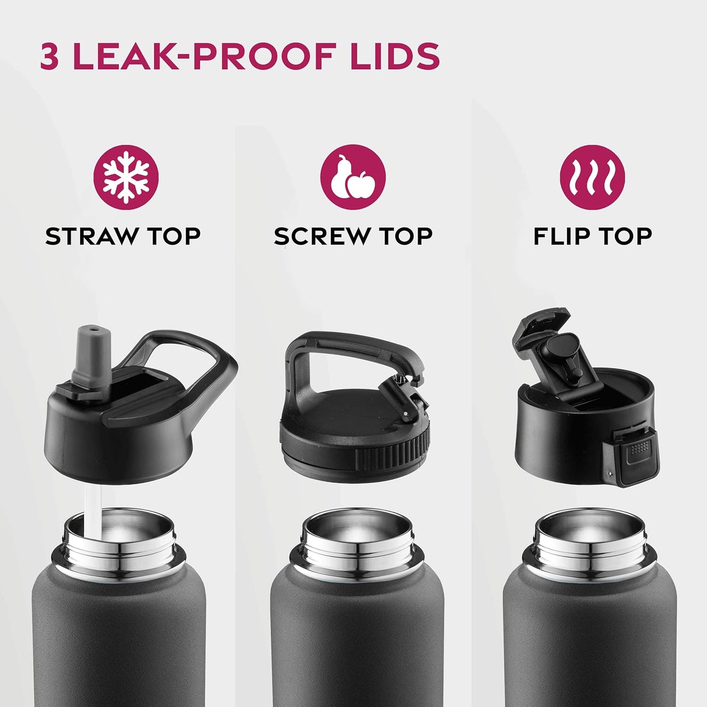 FineDine Water Bottle - Stainless Steel Insulated Water Bottle with Straw Lid, Flip Lid & Wide-Mouth Cap - Keeps Hot and Cold - 25 Oz / 739ml - Dreamy Purple