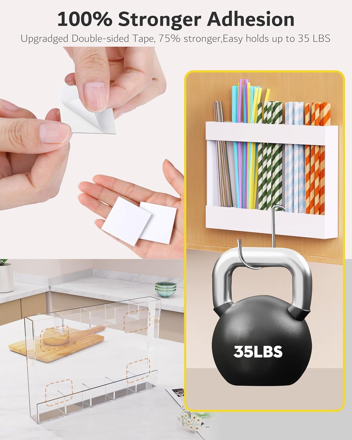 Upgraded 9.5'' Large Acrylic Straw Holder for Cabinet Door, Adjustable Space-Saving Straw Organizer Storage Dispenser for Cabinet with Ultra Sticky Adhesive Strips, 2-Part Rack, Drainage Holes