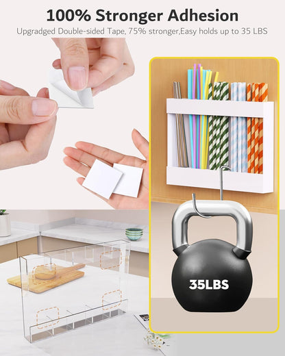 Upgraded 9.5'' Large Acrylic Straw Holder for Cabinet Door, Adjustable Space-Saving Straw Organizer Storage Dispenser for Cabinet with Ultra Sticky Adhesive Strips, 2-Part Rack, Drainage Holes