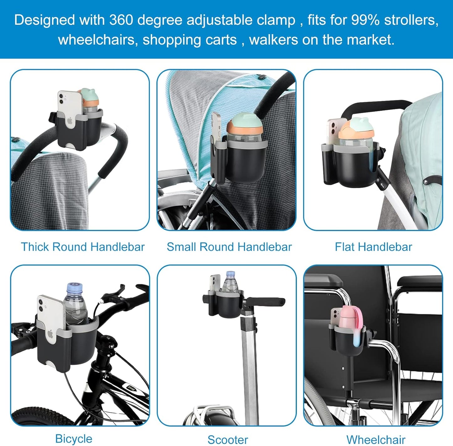 Accmor Stroller Cup Holder with Phone Holder, Bike Cup Holder, Universal Cup Holder for Uppababy Nuna Doona Strollers, 2-in-1 Cup Holder for Walker, Wheelchair, Scooter - Colors A
