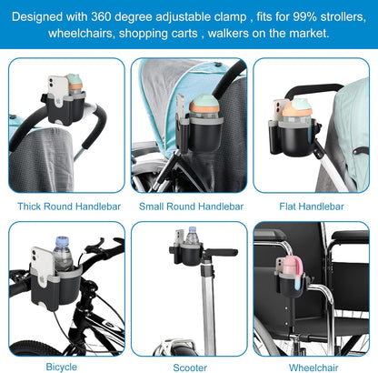 Accmor Stroller Cup Holder with Phone Holder, Bike Cup Holder, Universal Cup Holder for Uppababy Nuna Doona Strollers, 2-in-1 Cup Holder for Walker, Wheelchair, Scooter - Colors A