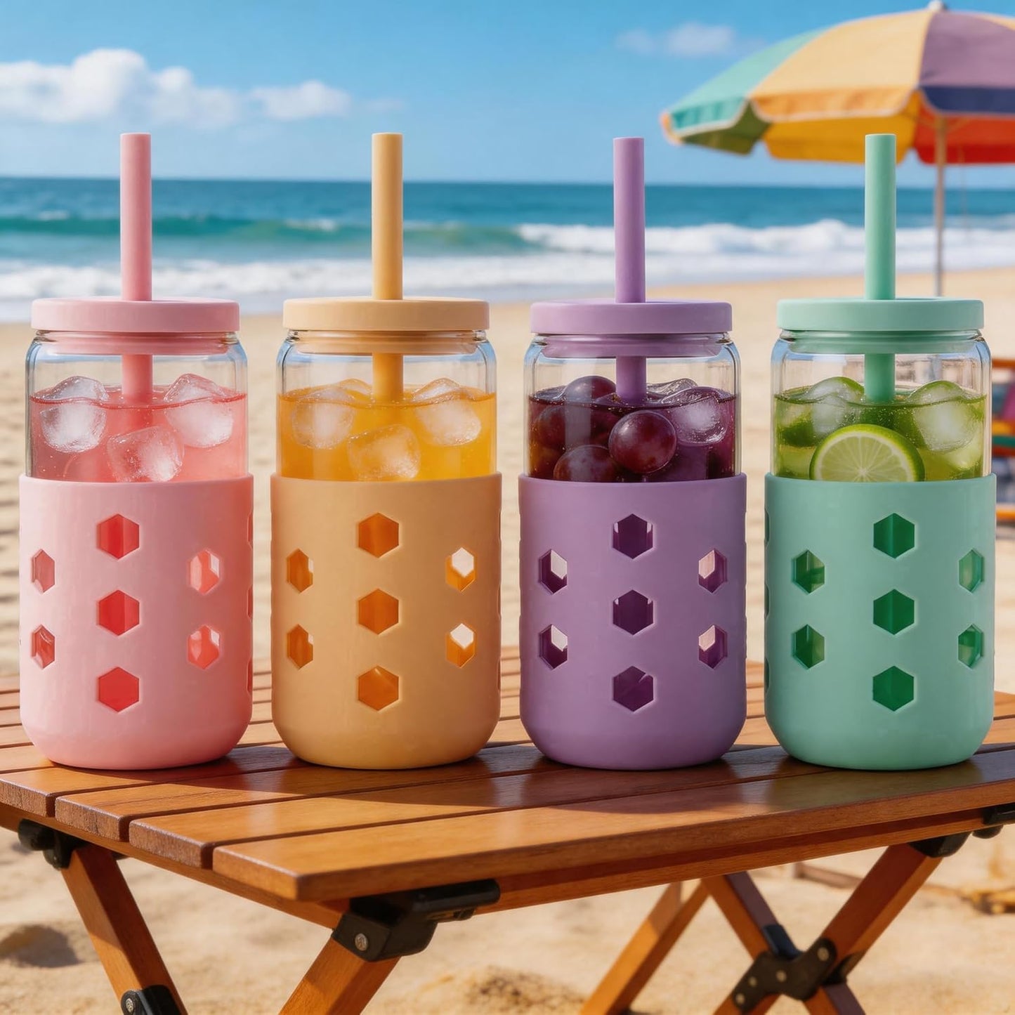 Mrsdry Glass Cups with Lids and Straws (4 Pcs), 16oz Drinking Glasses Set with Silicone Sleeves for Coffee Bar Accessories Iced Coffee Cups with Lids, Glass Tumbler Reusable for Gifts