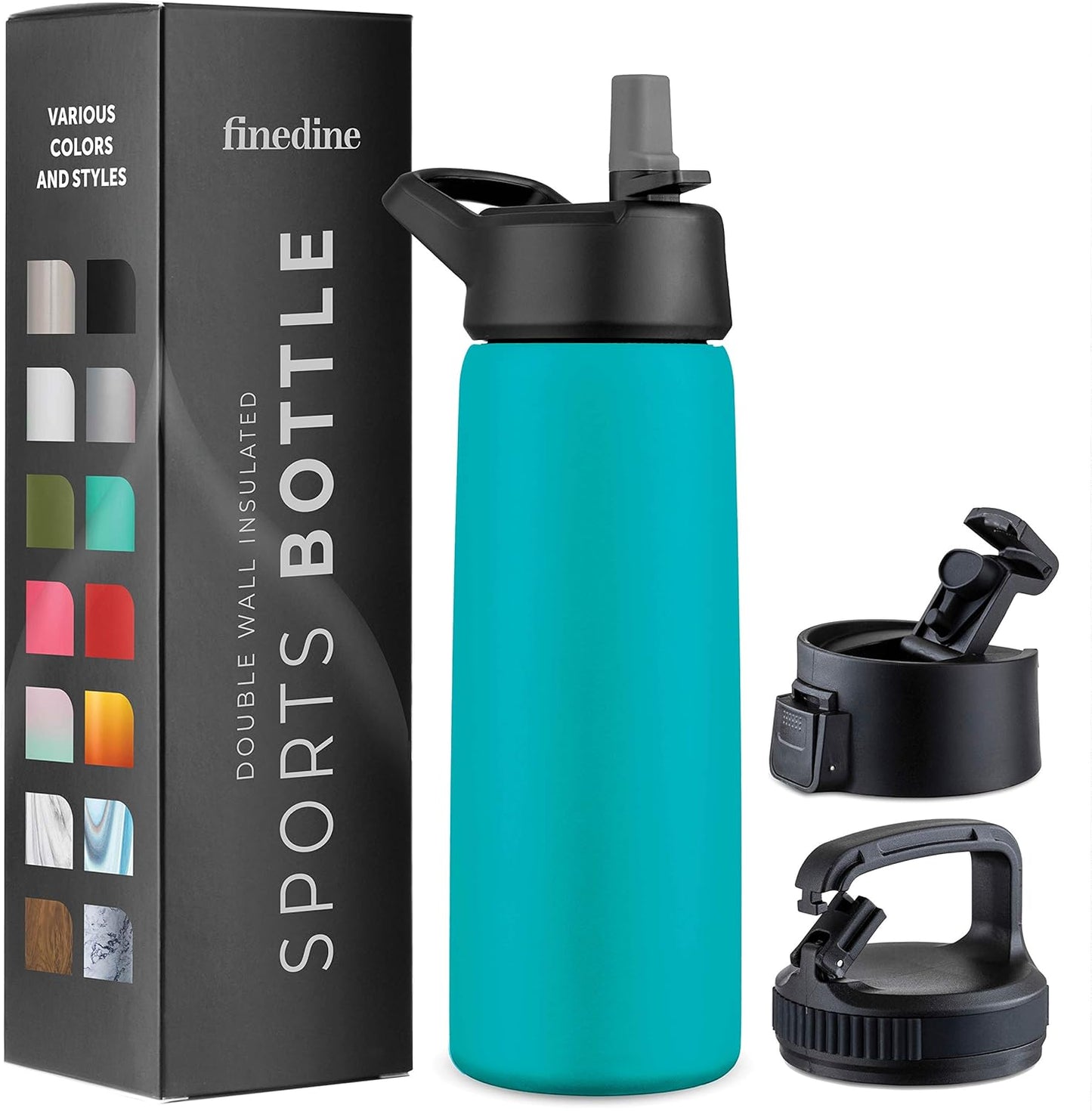 FineDine Water Bottle - Stainless Steel Insulated Water Bottle with Straw Lid, Flip Lid & Wide-Mouth Cap - Keeps Hot and Cold - 25 Oz / 739ml - Dreamy Purple