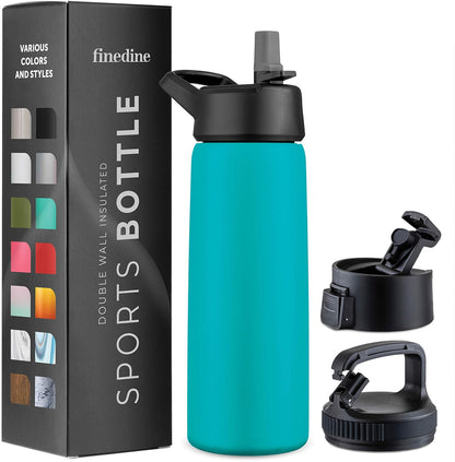 FineDine Water Bottle - Stainless Steel Insulated Water Bottle with Straw Lid, Flip Lid & Wide-Mouth Cap - Keeps Hot and Cold - 25 Oz / 739ml - Dreamy Purple