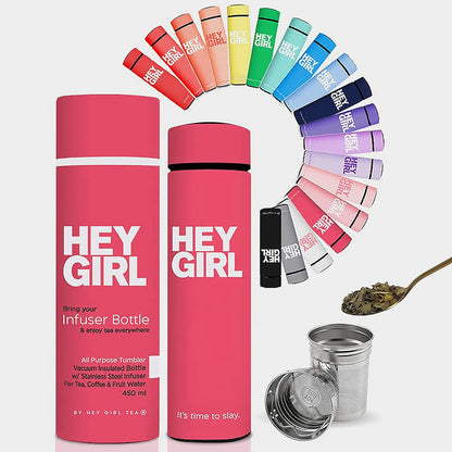Hey Girl Tea Infuser Bottle 450ml - Insulated Stainless Steel Water Bottle - Tea Tumbler with Tea Diffuser - Portable Travel Mug for Loose Leaf Tea & Infused Water - Tea Lovers Gifts for Women (Pink)