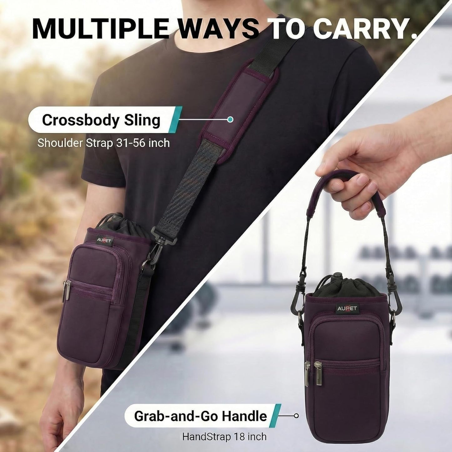 AUPET Water Bottle Sling Bag Sleeve Holder Carrier 25/32/40/64 oz,Insulated Crossbody Water Bottle Case Cover with Strap and Pockets for Men/Women Walking Hiking