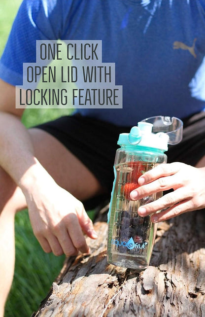 aquaFrut 32 OZ Fruit Infuser Water Bottle BPA-Free Fruit Infusion Sports Bottle - Flip Top Lid w Drinking Spout, Leak Proof, Made of Durable Tritan. Free Recipe eBook! (Teal)