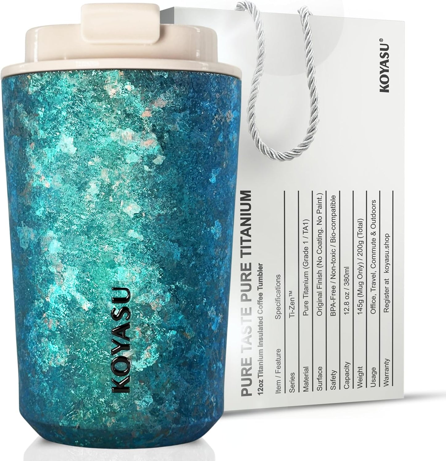 KOYASU Ti-Zen Titanium Travel Coffee Mug - 12oz Ultralight Insulated Tumbler - Leakproof Commuter Cup for Men & Office Desk Accessory - Minimalist Portable Tea Flask for Travel & Car- Indigo Blue