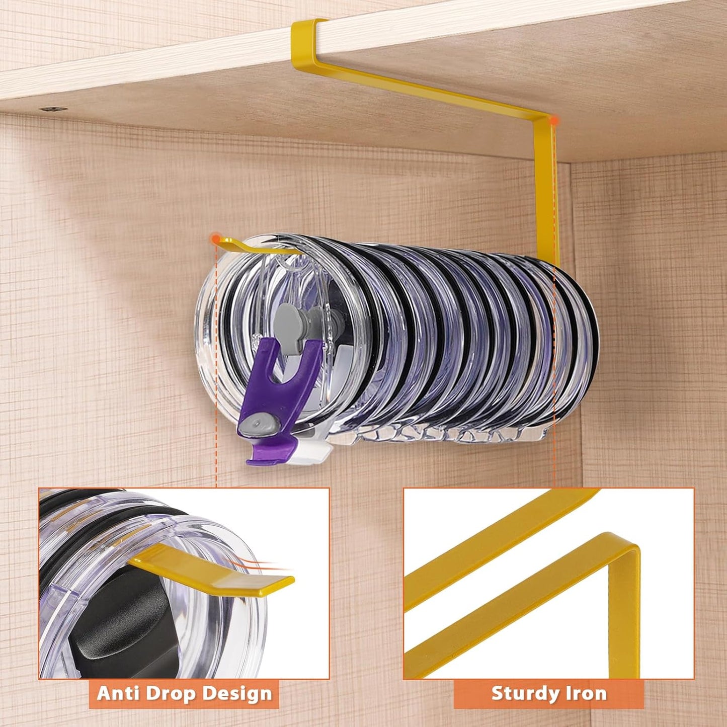 Tumbler Lid Organizer, Horizontal Tumbler Lid Storage Hook Up to 10 Lids, Space Saving Cup Lid Holders Under Cabinet Tumbler Lid Hook for Kitchen Organizer and Storage,Hanging Paper Towel Rack Hanger