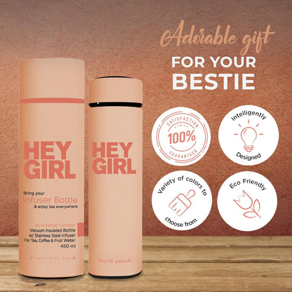 Hey Girl Tea Infuser Bottle 450ml - Insulated Stainless Steel Water Bottle - Tea Tumbler with Tea Diffuser - Portable Travel Mug for Loose Leaf Tea & Infused Water - Tea Lovers Gifts for Women (Pink)