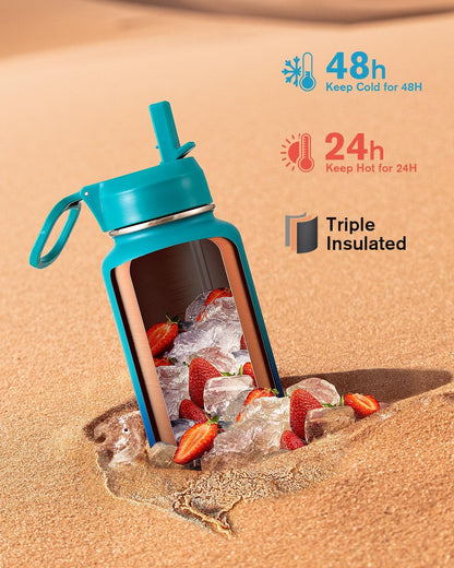 Half Gallon Water Bottle Insulated with Straw & 3 Lids, Coolflask 64 oz Water Jug Large Metal Stainless Steel Wide Mouth for Sports, Gym or Office, Non-BPA Keep Cold 48H Hot 24H, Samurai Cyan
