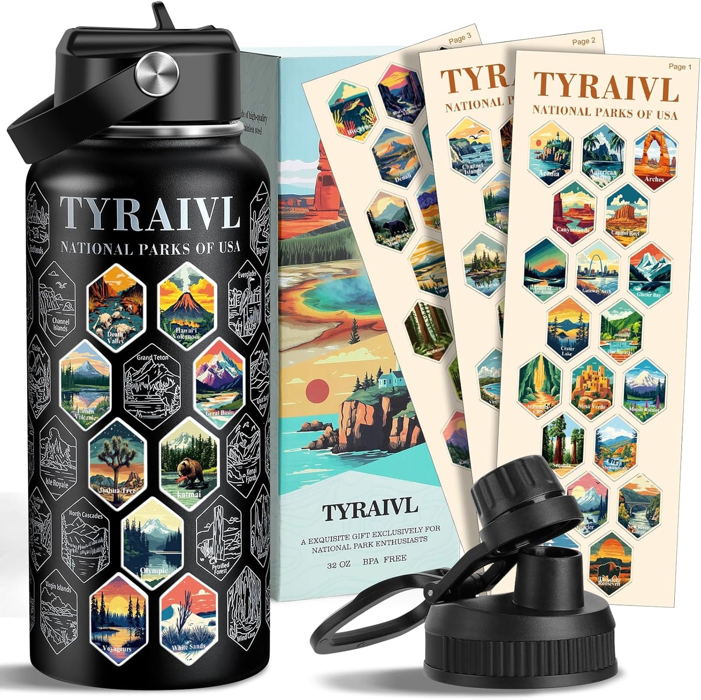 National Parks Water Bottle with Stickers, Birthday Gifts for Men and Women, 32oz Wide Mouth Leakproof Stainless Steel Bucket List Insulated Bottle for Camping & Hiking