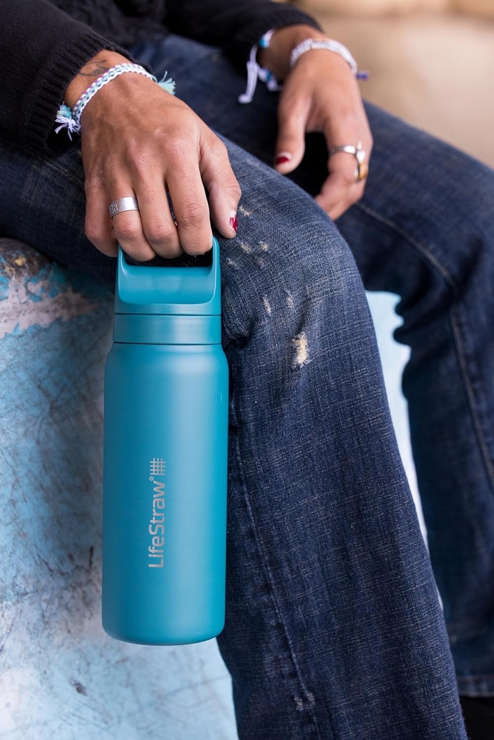 LifeStraw Go Series — Insulated Stainless Steel Water Filter Bottle for Travel and Everyday Use Removes Bacteria, Parasites and Microplastics, Improves Taste, 1L Aegan Sea
