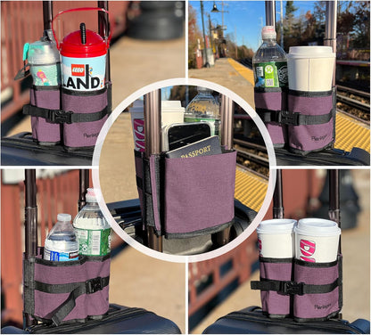 Perilogics Luggage Travel Cup Holder Hands Free Drink Caddy for Suitcase Handle. Perfect Airplane Travel Essential Accessory Gift for Frequent Traveler, Flight Attendant or with Children (Dark Gray)