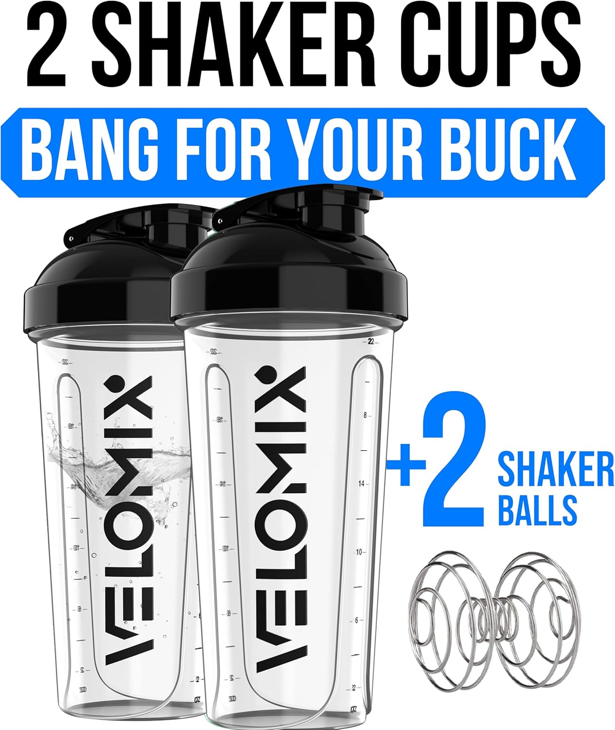 VELOMIX -2 Pack- 28 oz Protein Shaker Bottles for Protein Mixes - 2x Wire Whisk | Leak Proof Shaker Cups for Protein Shakes | Protein Shaker Bottle Pack (Black/Transparent)
