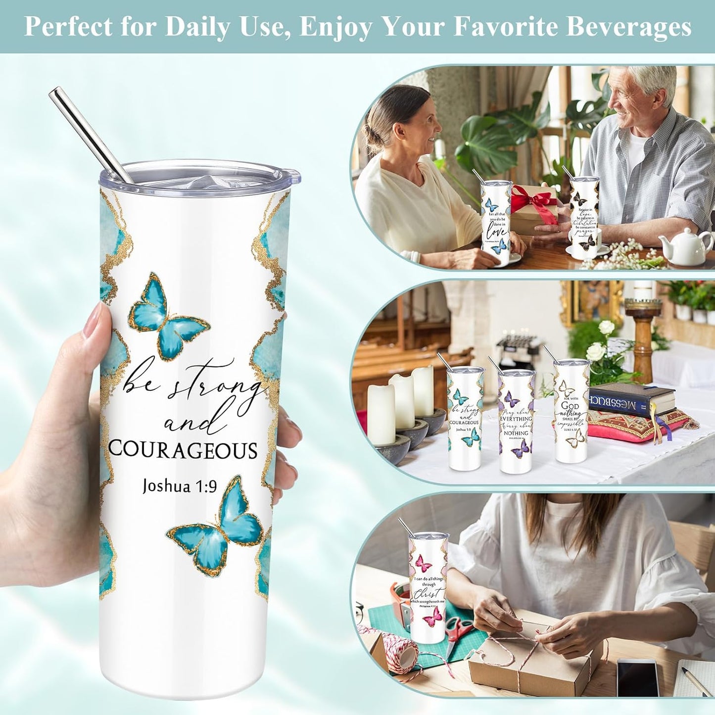 Geiserailie 6 Sets Christian Tumblers for Women 20 oz Marble Stainless Steel Cups with Lid Straw and Brush Inspirational Bible Verse Faith Gifts for Graduation End of Year Friends Coworkers Church