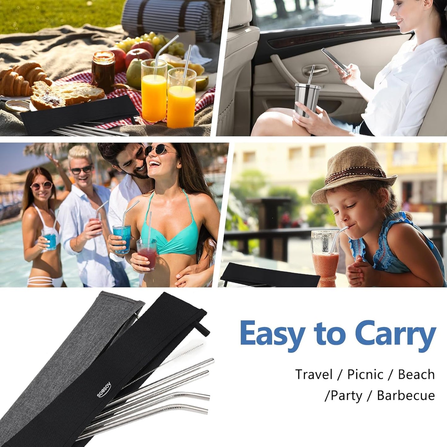 Aosbos Reusable Straws Carrying Case, Portable Small Pouch for Metal, Paper, Plastic, Silicone Disposable Straws, Stainless Steel Chopstick - Black