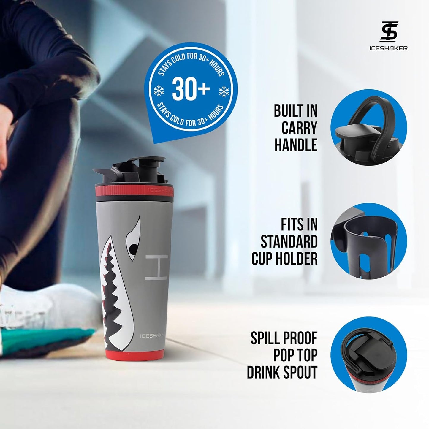 Ice Shaker Insulated Stainless Steel Shaker Bottle | 26oz, Bomber | Cold for 30+ Hours | Insulated Cup with Twist-on Agitator | Odor-Free Bottle for Protein Shakes, Water, Smoothies, Cocktails