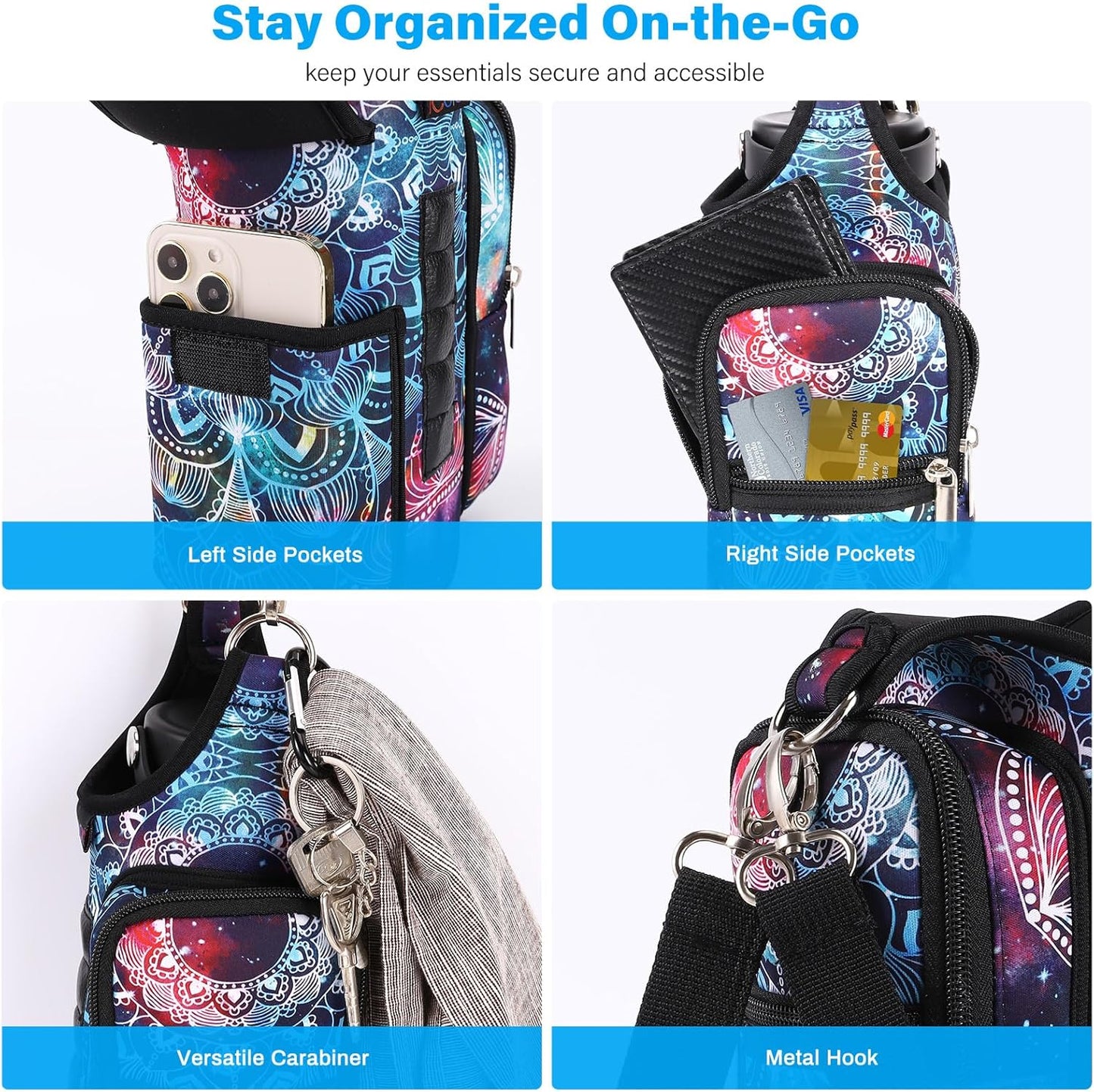 icolor Magnetic Gym Bag Water Bottle Carrier Holder with Phone Pockets & Shoulder Strap,Gym Magnetic Bag 5 Built-in Magnets Gym Accessories Organizer Sling Bottle Bag Pouch Sleeve