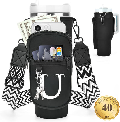 LOKASS Personalized Water Bottle Holder with Strap for Stanley Cup Accessories 40 oz, Initial for Stanley Cup Holder Carrier Bag with Phone Pocket, Stylish Tumbler Accessories for Daily Use Hands-Free
