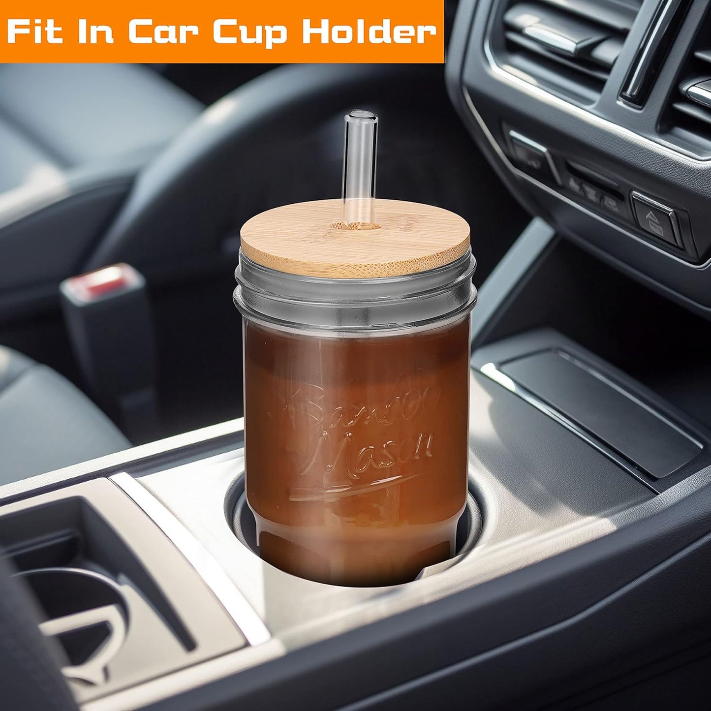 ANOTION Bamboo Mason Leakproof Mason Jar Cups with Lids and Straws, Cap Cup 24oz Glass Tumbler with Handle, Rotating Lid Silicone Straw, Reusable Iced Coffee Matcha Cup Coffee Gifts for Women 2pc