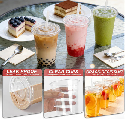 Ginkgo 32 oz Clear Plastic Cups with Lids and Jumbo Straws, Disposable To Go Iced Coffee Cups for Smoothie, Boba Milk Tea - 50 Pack