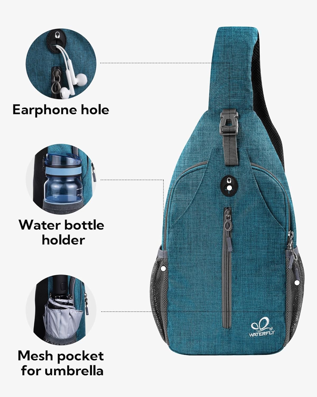 WATERFLY Crossbody Sling Backpack Sling Bag Travel Hiking Chest Bag Daypack (Black)