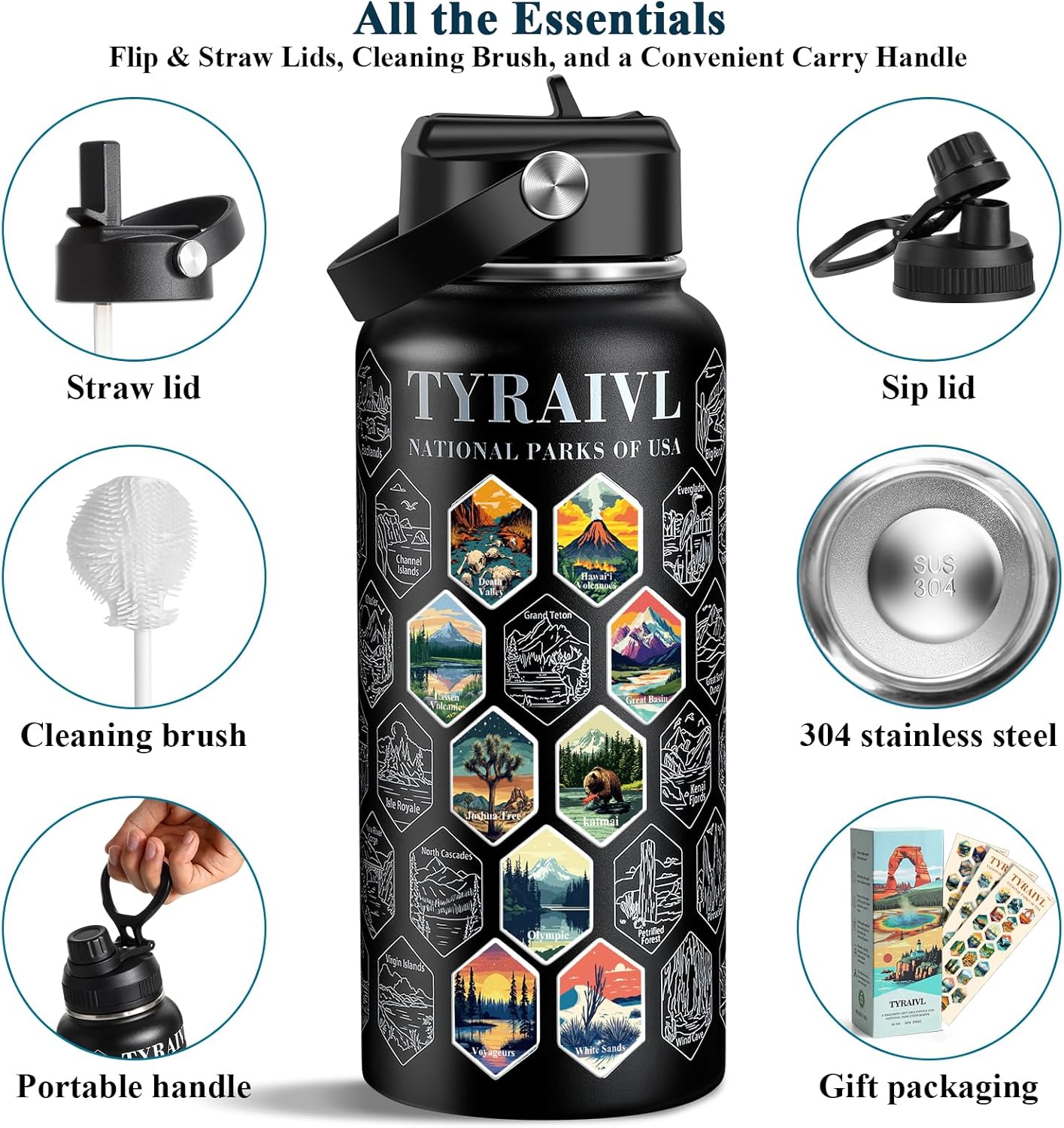 National Parks Water Bottle with Stickers, Birthday Gifts for Men and Women, 32oz Wide Mouth Leakproof Stainless Steel Bucket List Insulated Bottle for Camping & Hiking
