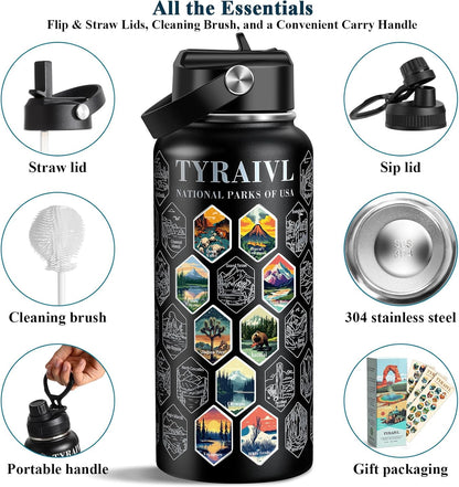 National Parks Water Bottle with Stickers, Birthday Gifts for Men and Women, 32oz Wide Mouth Leakproof Stainless Steel Bucket List Insulated Bottle for Camping & Hiking