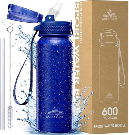 Mont-Clair Sport Water Bottle - 20oz Insulated Water Bottle with Straw - Patented Lid, BPA FREE, For Sports, Gym, Cycling, Bike - Quick Hydration - Black