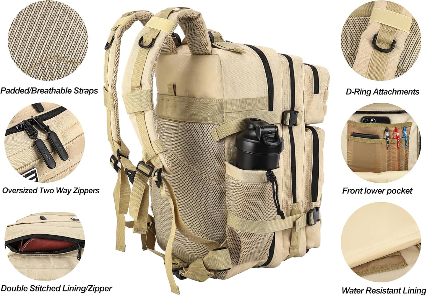 LHI Military Tactical Backpack for Men and Women 45L Army 3 Days Assault Pack Bag Large Rucksack with Molle System - Black - Colors A