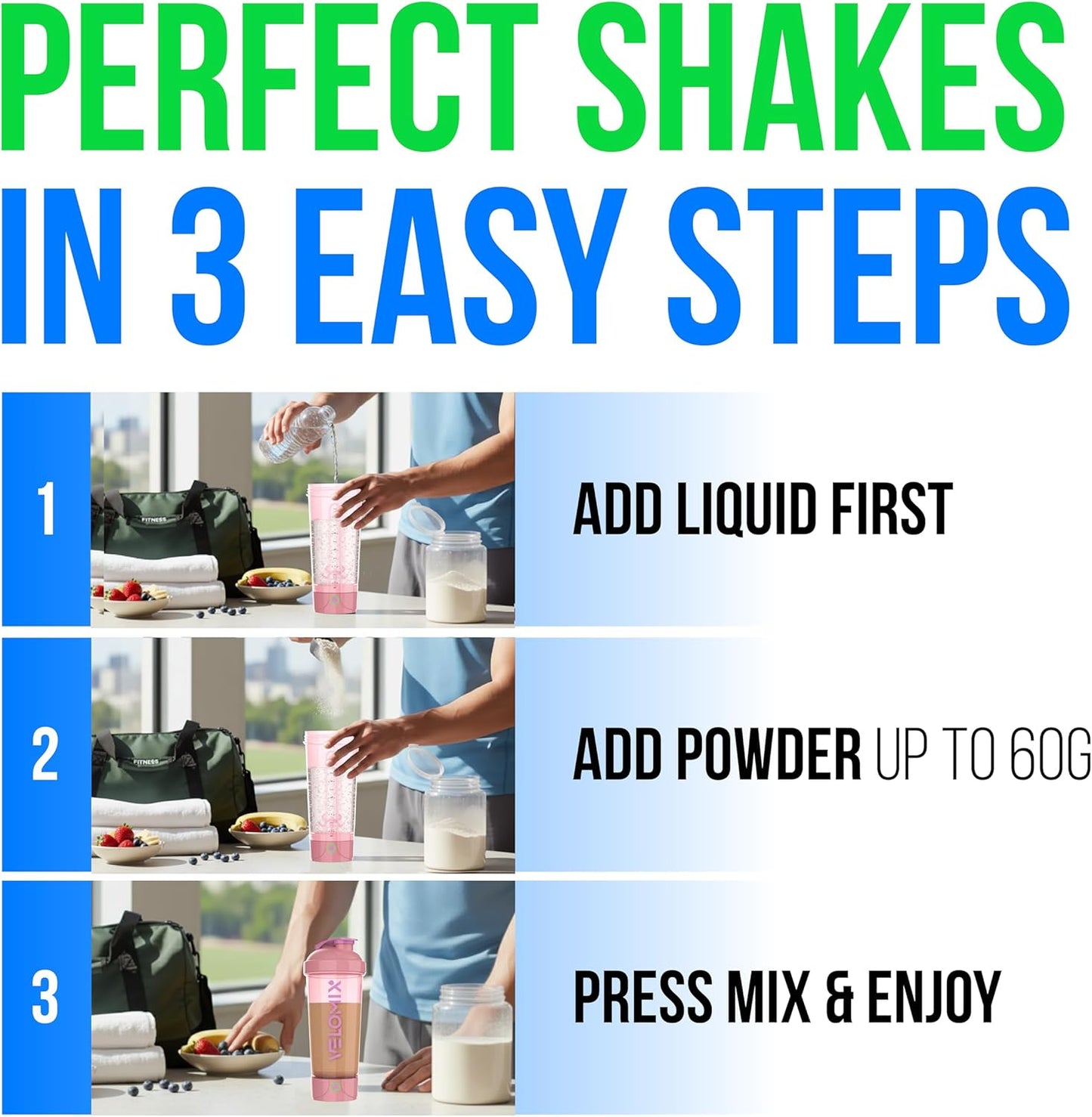 VELOMIX Electric Protein Shaker Bottle - 24 oz | USB-C Rechargeable | Leak Proof Shaker Cups for Protein Shakes | Portable Blender for Shakes and Smoothies (Electric-Transparent)