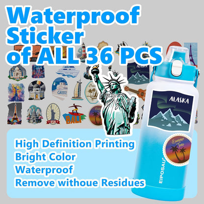 Insulated Water Bottle with Lid & Boot & Stickers, 24 oz Stainless Steel Sweat Free Bottle Keep Cold 24H, BPA-Free Sports Wide Mouth Water Bottle, BlueBlack