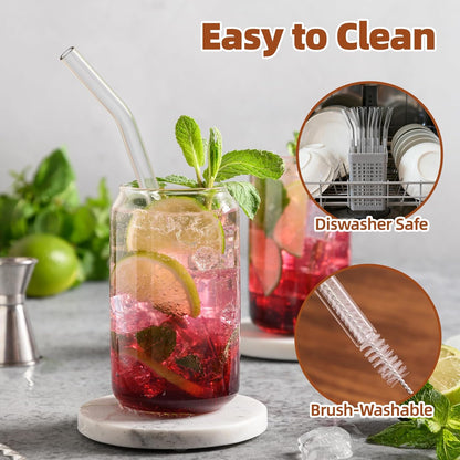 Antner 12 Pack Reusable Glass Straw, 8.5" x 10MM Bent Clear Glass Drinking Straws for Hot & Cold Drinks, 2 Cleaning Brushes Included