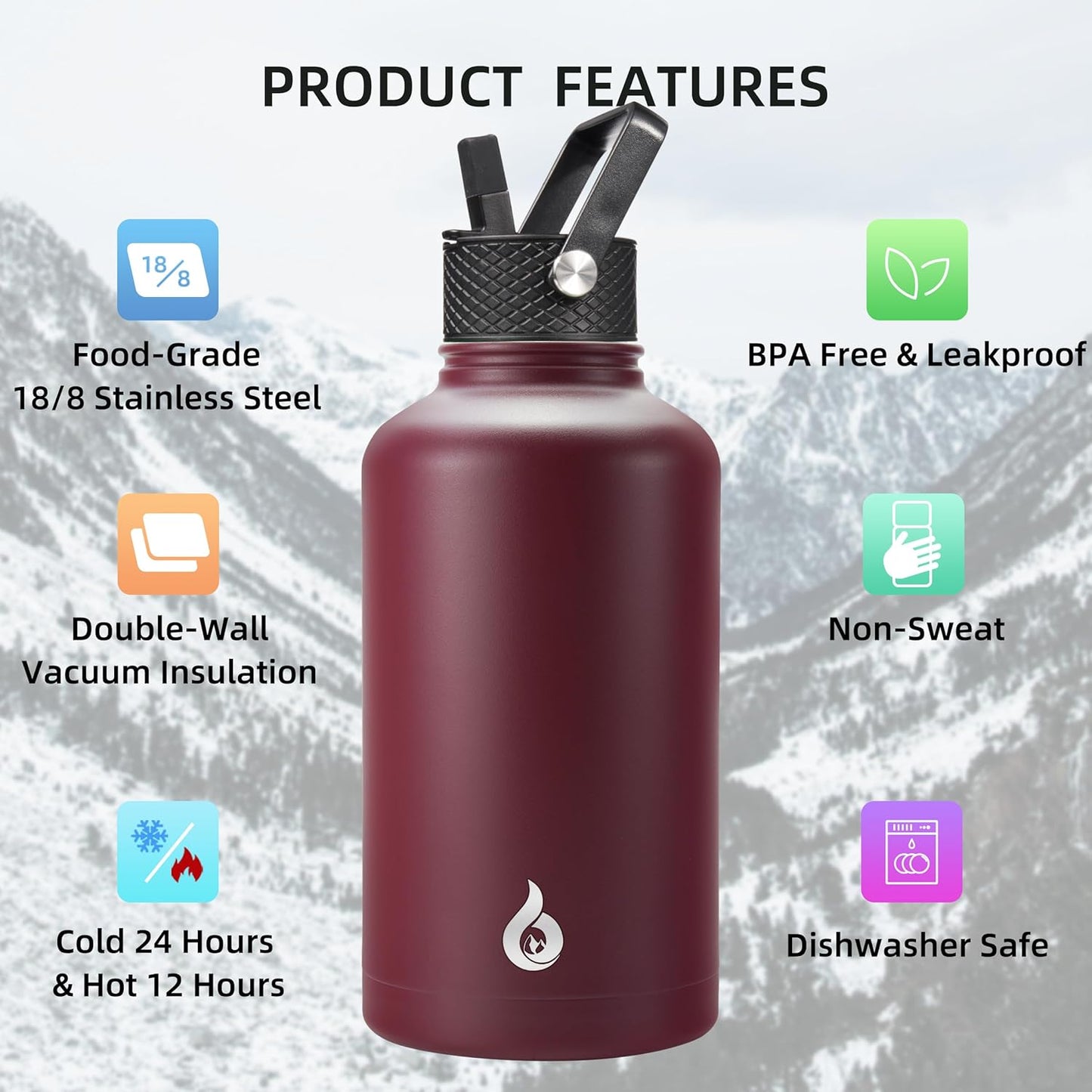 BJPKPK Insulated Water Bottles with Straw Lid, 40oz Stainless Steel Water Bottles with 3 Lids, BPA Free Leakproof Thermo, Tumblers, Cups for Sports, Gym- Midnight - Colors B