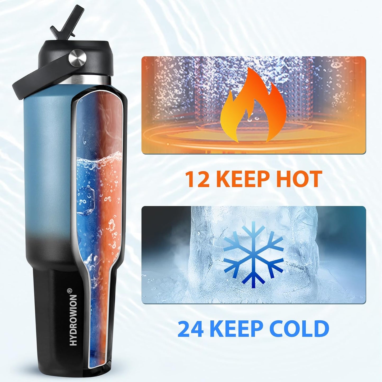 HYDROWION 32oz Stainless Steel Water Bottle(Cold for 48 Hrs, Hot for 24 Hrs),Double Wall Vacuum Insulated Water Bottle with Straw Lid, Spout Lid and Flex Cap, Fit in Any Car Cup Holder,Black