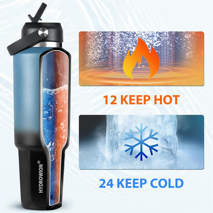 HYDROWION 32oz Stainless Steel Water Bottle(Cold for 48 Hrs, Hot for 24 Hrs),Double Wall Vacuum Insulated Water Bottle with Straw Lid, Spout Lid and Flex Cap, Fit in Any Car Cup Holder,Black