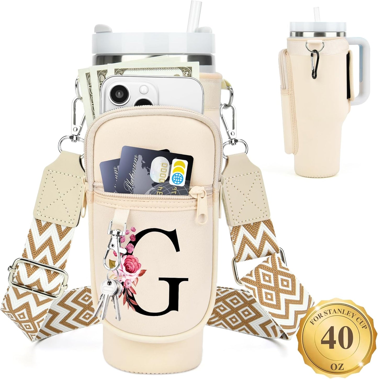 LOKASS Personalized Water Bottle Holder with Strap for Stanley Cup Accessories 40 oz, Initial for Stanley Cup Holder Carrier Bag with Phone Pocket, Stylish Tumbler Accessories for Daily Use Hands-Free