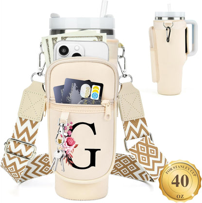 LOKASS Personalized Water Bottle Holder with Strap for Stanley Cup Accessories 40 oz, Initial for Stanley Cup Holder Carrier Bag with Phone Pocket, Stylish Tumbler Accessories for Daily Use Hands-Free