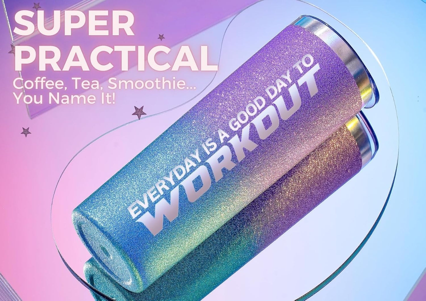 Onebttl Workout Everyday Fitness Gifts for Women, Girls - Glitter Cup Gifts for Gym Lovers on Birthday, Christmas - 20 oz SS304 Stainless Steel Tumbler with Lid and Straw